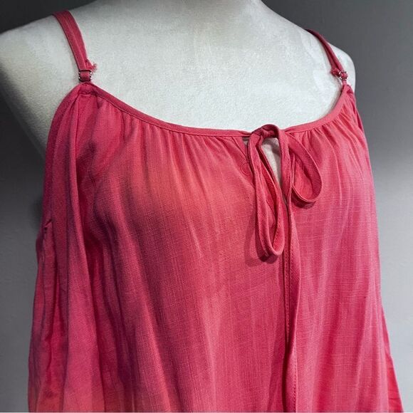 Coral color a-line cold Shoulder short sleeve mini dress with lace details - Picture 2 of 13